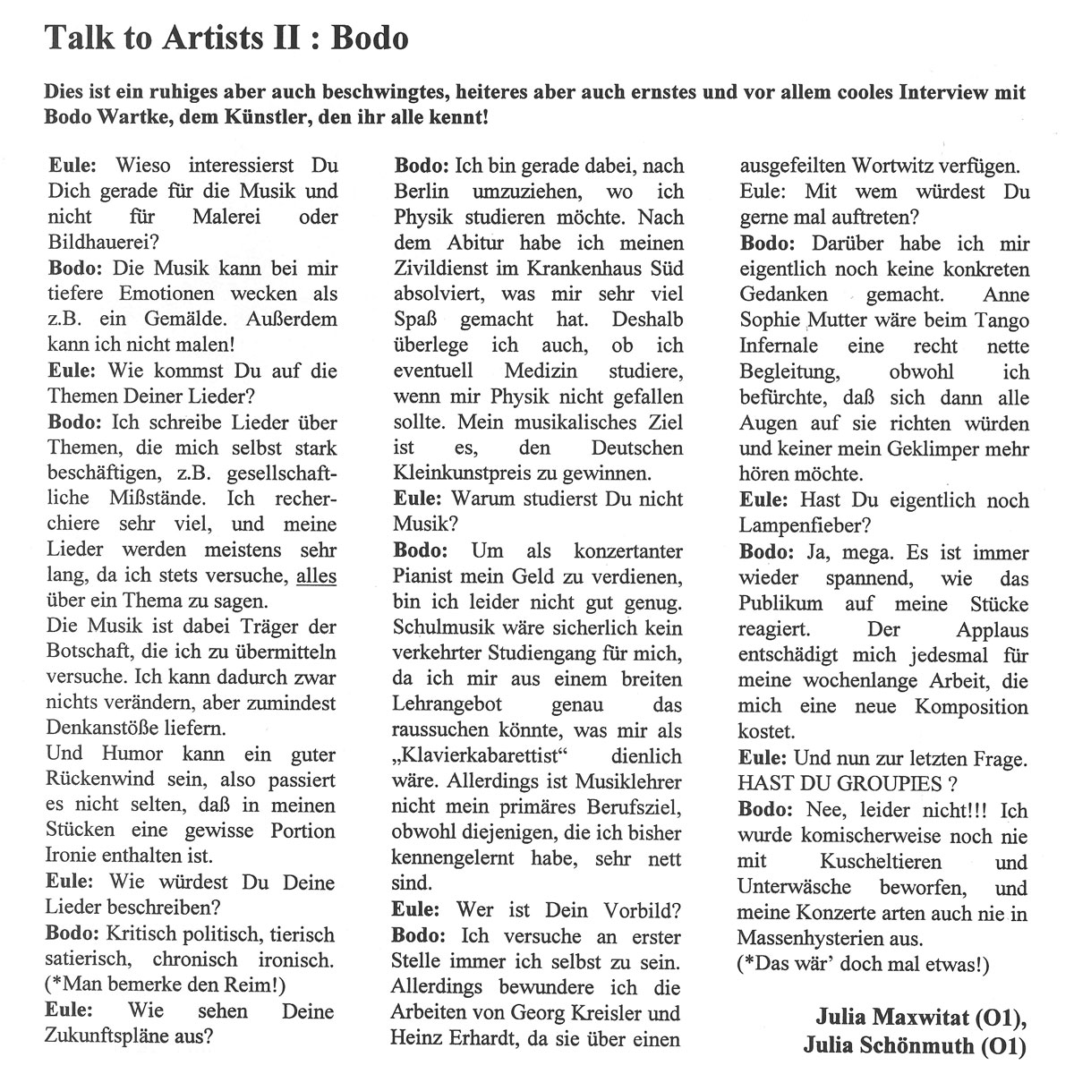 Die Eule Nr 57 (1997) - Talk To Artists - Bodo Wartke